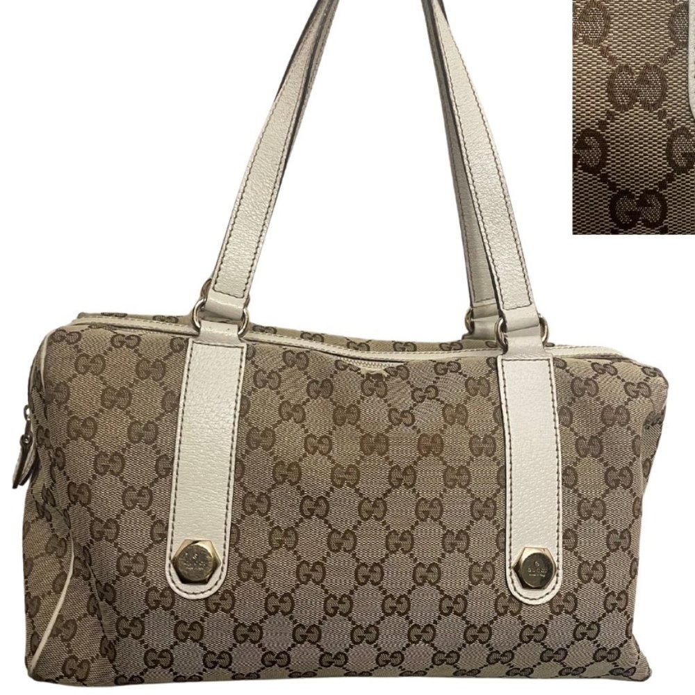 Gucci Beige Brown GG Canvas Satchel with White Leather Trim